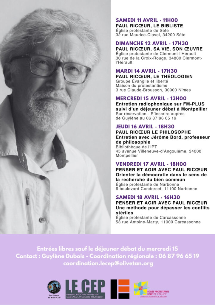 tournée "Paul Ricœur l'éclaireur" de Dominique Gour dans les Cévennes et Languedoc-Roussillon, descriptif